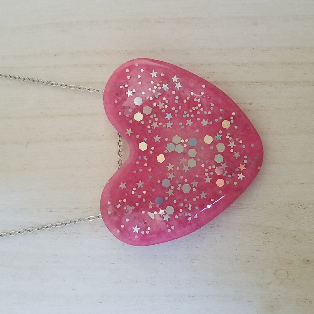 Oversized Pink Heart Necklace with Holographic Glitter